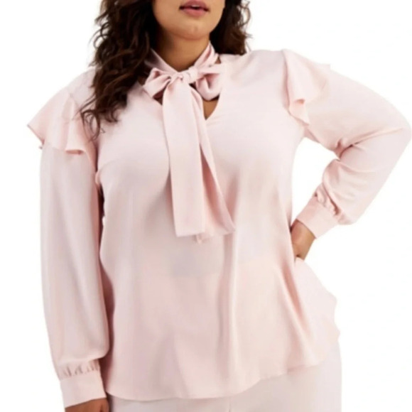 New Bar III Plus Long Sleeve Tie Neck Blouse Ruffle Shoulder - Picture 1 of 7